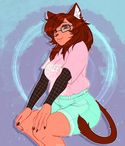 anthro biped bottomwear clothed clothing eyewear female female_anthro glasses hands_on_knees hands_on_legs inner_ear_fluff shirt shorts sitting smile solo tail topwear tuft arbrecent domestic_cat felid feline felis mammal absurd_res hi_res