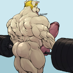 anthro back_muscles barbell big_muscles big_penis biped blonde_hair blue_background butt deadlift deltoids erection exercise genitals glans hair huge_muscles huge_penis humanoid_genitalia humanoid_penis hyper hyper_genitalia hyper_muscles hyper_penis male male_anthro muscular muscular_anthro muscular_arms muscular_male muscular_thighs nude nude_anthro nude_male penis short_tail simple_background solo standing tail thick_penis three-quarter_view tongue tongue_out triceps vein veiny_penis weightlifting workout oldshep tybalt_shaw canid canine canis domestic_dog mammal pit_bull 1:1 signature unavailable_at_source