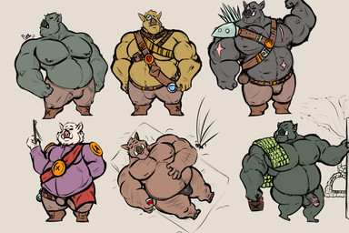balls black_body bottomwear brown_body bulge circumcised clothing flaccid genitals group male musclegut muscular overweight overweight_male pants penis scar desertb0ar humanoid orc 2019 3:2 hi_res