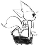 anthro big_butt blush butt clothed clothing female fur solo tail tight_clothing tugging_clothing cuttlehonk aggretsuko sanrio fenneko canid canine fennec_fox fox mammal true_fox digital_media_(artwork) monochrome sketch