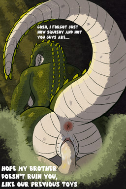 anthro anthro_penetrated anus balls bodily_fluids breasts cowgirl_position dominant dominant_anthro dominant_female duo eyes_closed female from_front_position genital_fluids genitals green_body human_on_anthro human_penetrating human_penetrating_anthro interspecies larger_female light light_beam male male/female offscreen_male on_bottom on_top penetration penis plant questionable_consent raised_tail rear_view scales scutes sex side_boob simple_background size_difference speech_bubble sunbeam sunlight swamp tail tail_anus tan_body text thick_tail toony vaginal vaginal_fluids vaginal_penetration vulva white_body lotnik5 crocodile crocodilian human mammal reptile scalie 2:3 english_text hi_res shaded simple_shading