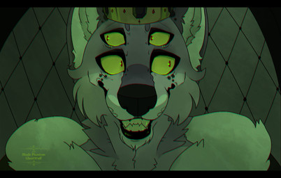 anthro black_bars crown dark fur grey_body grey_fur headgear male multi_eye sharp_teeth solo teeth ghost-wuff canid canine mammal letterbox