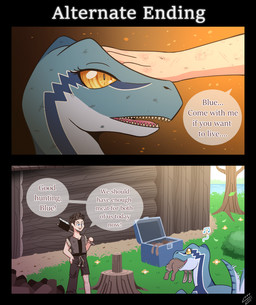 anthro axe black_border blue_body blue_scales border clothed clothing dialogue duo female feral hand_on_head happy hunting male melee_weapon musical_note musical_symbol object_in_mouth open_mouth outside plant scales sharp_teeth speech_bubble symbol tail tail_motion tailwag teeth text tongue tree weapon yellow_eyes vavacung jurassic_park jurassic_world universal_studios blue_(jurassic_world) owen_grady dinosaur dromaeosaurid human mammal prehistoric_species reptile scalie theropod velociraptor 2018 english_text signature