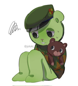 ambiguous_gender anthro biped bodily_fluids bottomless buckteeth camo camo_clothing camo_print camo_topwear clothed clothing curled_up emoji_description featureless_feet feet green_body green_clothing green_hat green_headwear green_topwear hat headgear headwear heart_nose heart_symbol holding_object holding_plushie holding_teddy_bear knees_pulled_up looking_down monotone_body narrowed_eyes pattern_clothing pattern_topwear pink_nose plushie scared simple_background sitting solo sweat sweatdrop teddy_bear teeth text topwear white_background joloki_t1123 happy_tree_friends flippy_(htf) bear mammal artist_name digital_media_(artwork) hi_res shaded