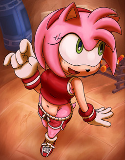 accessory anthro bodily_fluids bottomwear clothing crop_top dolphin_shorts female footwear fur gloves green_eyes hair_accessory hairband handwear navel pink_body pink_fur punching_bag shirt shoes shorts smile solo sweat tail topwear weights gabeawwsome sega sonic_the_hedgehog_(series) amy_rose eulipotyphlan hedgehog mammal hi_res