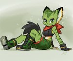 anthro arm_support boots bottomwear breasts clothed clothing crop_top eyelashes female fingerless_gloves footwear fur gloves green_body green_eyes green_fur handwear kerchief midriff navel neckerchief neckwear scarf shirt shoes shorts sitting solo sparkles striped_body striped_fur stripes topwear jamoart freedom_planet galaxytrail carol_tea felid feline felis mammal wildcat 2025 absurd_res hi_res