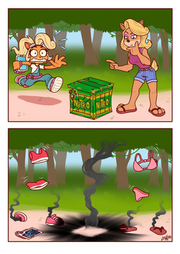 2_panel_comic anthro bottomwear boy_shorts bra clothing colored_edge_bra colored_edge_panties colored_edge_underwear death double_kill duo explosion female female_death flip_flops footwear forest green_eyes nitro_crate outside overalls panties pink_bra pink_clothing pink_footwear pink_panties pink_shoes pink_underwear plant running sandals scared shoes shorts smoke standing thinking training_bra tree underwear luchosfactory activision crash_bandicoot_(series) coco_bandicoot tawna_bandicoot bandicoot mammal marsupial absurd_res comic hi_res
