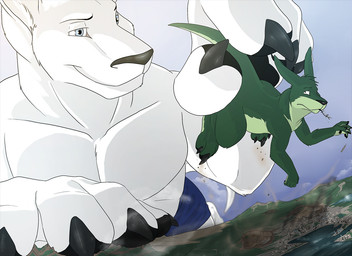 anthro black_claws black_nose black_pawpads blue_bottomwear blue_clothing blue_eyes blue_tail bottomwear city_destruction claws closed_smile clothed clothing destruction duo finger_claws fur green_body green_fur head_tuft holding_another macro male male_anthro mouth_closed nude outside pawpads size_difference smile tail topless tuft white_body white_fur white_tail solaxe_(artist) duncan_roo kangaroo macropod mammal marsupial