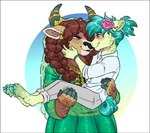 2021 accessory aged_up alpha_channel anthro anthrofied biped blush border bovid bovine brown_body brown_fur brown_hair digital_drawing_(artwork) digital_media_(artwork) duo earth_pony embrace equid equine eye_contact feet female flower flower_in_hair friendship_is_magic fur green_body green_eyes green_fur hair hair_accessory hasbro hi_res holding_character hooves horn horse humanoid_hands jewelry larger_female looking_at_another lopoddity male male/female mammal my_little_pony pandoraverse_(lopoddity) plant pony ponytail romantic romantic_couple sandbar_(mlp) shaded size_difference smaller_male teal_hair transparent_border wedding yak yona_yak_(mlp)