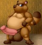 2019 animal_crossing anthro balls belly big_balls big_penis blue_eyes brown_body brown_fur canid canine erection fur genitals humanoid_hands male mammal nintendo overweight overweight_anthro overweight_male penis raccoon_dog solo tanuki thevillager tom_nook_(animal_crossing)