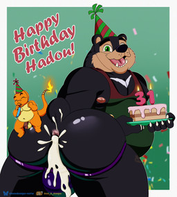 anthro anus balls big_butt birthday birthday_cake black_body black_fur bodily_fluids butt cake candle clothed clothing confetti cum cum_drip cum_from_ass cum_in_ass cum_inside dessert dripping fire food fur genital_fluids genitals gold_(metal) gold_jewelry green_eyes happy hat headgear headwear jewelry jockstrap male nipples open_mouth orange_body overweight overweight_anthro overweight_male party_hat party_horn penis penis_poking_out presenting presenting_anus presenting_hindquarters purple_clothing purple_jockstrap purple_underwear simple_background slightly_chubby slightly_chubby_male social_media text underwear ben_d_koopa benediktus_(artist) nintendo pokemon hadou_(satsui-n0-had0u) bear charmander generation_1_pokemon mammal pokemon_(species) 2026 digital_drawing_(artwork) digital_media_(artwork) english_text hi_res shaded simple_shading watermark