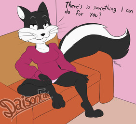 3_toes 5_fingers anthro barefoot black_eyes black_nose clothing feet female fingers furniture panties smile smiling_at_viewer sofa solo_focus sweater toes topwear underwear whiskers white_inner_ear white_sclera daison_the_fox looney_tunes warner_brothers penelope_pussycat felid mammal 2025 absurd_res hi_res signature