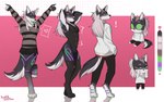 anthro bottomwear clothed clothing crossdressing ear_piercing femboy fur fur_markings hair latex latex_clothing legwear leotard male markings muscular piercing skirt solo thigh_highs white_hair sonofan green_the_wolf mammal hi_res model_sheet