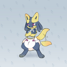 3_fingers 3_toes ambiguous_gender anthro big_diaper black_body black_fur black_inner_ear black_nose bodily_fluids clothed clothing crossed_arms diaper diaper_only digitigrade feces feet fingers fur gloves_(marking) grey_body grey_fur markings multicolored_body multicolored_fur open_mouth open_smile pattern_background simple_background smile soiled_diaper solo standing sweat tail tail_motion tailwag text toes topless unclean_diaper used_diaper wearing_diaper yellow_body yellow_fur yellow_tail neotenous nintendo pokemon generation_4_pokemon lucario pokemon_(species) shiny_pokemon 1:1 artist_name full-length_portrait hi_res portrait