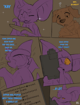 ambiguous_gender anthro big_ears blue_text cloak clothed clothing comic_panel dialogue drawer duo gameplay_mechanics happy purple_body question_mark sparkles tablet text wings yellow_eyes yellow_text conditional_dnp dacad tyler_(dacad) zipper_(dacad) bat canid canine mammal comic hi_res restricted_palette