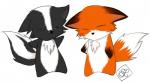 ambiguous_gender black_body black_fur black_nose cheek_tuft chest_tuft chibi dipstick_tail duo eyes_closed facial_tuft fur markings nude orange_body orange_fur simple_background standing tail tail_markings tuft white_background white_body white_fur monoth canid canine fox mammal mephitid red_fox skunk true_fox 2007 digital_drawing_(artwork) digital_media_(artwork) shaded