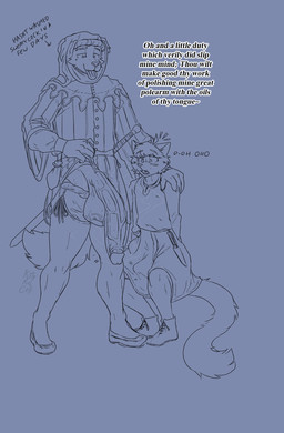 anthro balls big_penis chaperon_(hat) chausses clothed clothing coin_purse dialogue duo embarrassed genitals hand_on_shoulder hood huge_penis knife legwear long_penis longsword male male/male medieval medieval_clothing melee_weapon musk penis raised_clothing raised_topwear saggy_balls scabbard shirt steam steamy_penis sword text thick_penis tight_clothing tights tongue tongue_out topwear tunic vascular_penis vein veiny_balls veiny_penis weapon kittykuscell canid canine canis domestic_cat domestic_dog felid feline felis mammal english_text