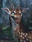 3:4 ambiguous_gender antlers blue_eyes creepy cryptid deer fangs forest glowing glowing_eyes hi_res horn mammal monster not_deer plant sharp_teeth snarling solo teeth text tree url whiluna