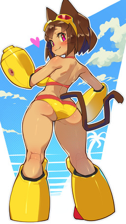anthro arm_cannon back_groove bikini blush breasts brown_body brown_hair butt clothing eyebrows eyelashes eyewear eyewear_on_head female glistening glistening_butt goggles goggles_on_head hair heart_symbol side_boob solo swimwear two-piece_swimsuit whiskers life_is_pi gameoverse glitch_productions kit_bodega domestic_cat felid feline felis mammal 2026 absurd_res hi_res