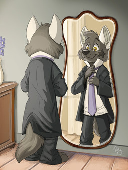 3_toes 4_fingers accessory anthro barefoot black_bottomwear black_clothing black_coat black_pants black_topwear bottomwear brown_pupils business_suit cabinet cheek_tuft clothed clothing coat curtains day detailed_background eyebrows facial_markings facial_tuft feet fingers floor flower fluffy fluffy_tail fully_clothed fur furniture grey_body grey_eyebrows grey_fur grey_markings grey_nose hair head_markings head_tuft holding_clothing holding_object inside iris looking_at_mirror looking_at_object looking_at_reflection looking_at_self male markings mirror necktie pants plant plantigrade pointy_ears prick_ears pupils purple_necktie reflection shirt snout solo standing star_(marking) star_(shape) suit tail toes topwear tuft vase wall_(structure) white_clothing white_ears white_shirt white_topwear window wood wood_floor yellow_eyes pandapaco canid canine canis mammal wolf 2020 adobe_photoshop_(artwork) digital_media_(artwork) hi_res shaded signature