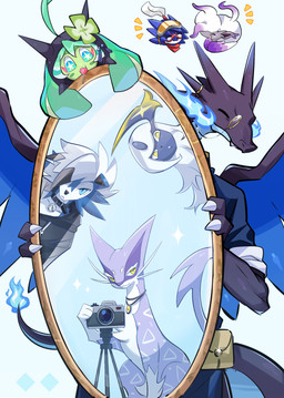 ambiguous_gender anthro blue_body blue_eyes blue_fur charizardite_x clothing collar feral fur group jewelry mega_stone mirror necklace pink_body pink_fur pokemorph spots tail white_body white_fur yellow_eyes laiweitui nintendo pokemon feng_hui kian_(kianyemao) yemao_(kianyemao) absol canid canine decidueye felid feline generation_3_pokemon generation_5_pokemon generation_6_pokemon generation_7_pokemon generation_9_pokemon legendary_pokemon liepard lycanroc mammal mega_charizard mega_charizard_x mega_evolution midnight_lycanroc ogerpon pokemon_(species) shiny_pokemon teal_mask_ogerpon zoroark absurd_res hi_res