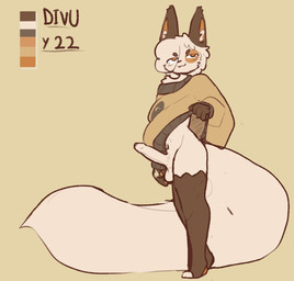 anthro balls biped bottomless brown_body brown_fur clothed clothing erection fingers foreskin fur genitals humanoid_genitalia humanoid_penis inner_ear_fluff male penis simple_background smile solo standing tail topwear tuft white_body white_fur white_tail yellow_background divucup divu_(divucup) domestic_cat felid feline felis mammal hi_res model_sheet