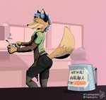 anthro apron barista beverage bottomwear butt cafe clothing coffee coffee_shop horn kitchen legwear male raised_tail shorts side_view small_horn solo tail tights twitter_logo workplace craft_rabbit_(artist) patchcraft patreon twitter patchfix_fox canid canine fox mammal hi_res