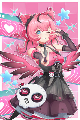 alternate_costume antennae_(anatomy) bare_shoulders belt bent_arm black_antennae black_bottomwear black_choker black_clothing black_jewelry black_necklace black_skirt black_wings blue_eyes blush bottomwear bow_(feature) breasts choker clothing collarbone dotted_background gesture glistening glistening_hair hair hair_between_eyes hand_gesture heart_eyes heart_symbol highlights_(coloring) horn jewelry medium_breasts necklace not_furry one_eye_closed pattern_background pigtails pink_hair pose simple_background skirt skull_accessory smile sparkles sparkling_eyes wings shixi mihoyo zenless_zone_zero aria_(zenless_zone_zero) angel fallen_angel absurd_res hi_res