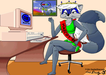 anthro barefoot big_tail bottomwear chair clothing computer crown crt desk electronics exercise_clothing feet female fur furniture green_bottomwear green_clothing green_shirt green_shorts green_tank_top green_topwear grey_body grey_fur hair headgear inside long_hair looking_at_viewer mascot office_chair ponytail sash shirt shorts sitting smug_smile solo table tail tank_top topwear white_hair les_dietz amiga_(computer) rachel_raccoon mammal procyonid raccoon 1994 picture_in_picture signature
