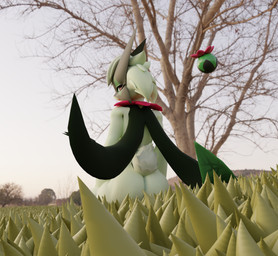 anthro butt cape clothing day female flower fur grass green_body green_fur looking_at_viewer looking_back mask neckwear outside plant seductive sitting sitting_on_ground solo tail emptiness42 nintendo pokemon domestic_cat felid feline felis generation_9_pokemon mammal meowscarada pokemon_(species) 3d_(artwork) blender_(artwork) blender_cycles_(artwork) digital_media_(artwork) hi_res