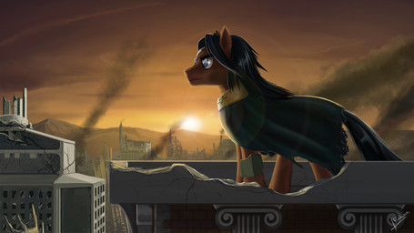 black_hair blue_eyes day detailed_background feral hair male outside smile solo standing sun rublegun hasbro my_little_pony fan_character equid mammal 16:9 hi_res widescreen