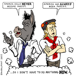 5_fingers anthro black_hair blonde_hair clothing communism crossed_arms dialogue duo fingers fur grey_body grey_fur hair hammer_and_sickle hat headgear headwear male necktie open_mouth political_cartoon politics shirt simple_background speech_bubble suit_and_tie text thought_bubble topwear united_states_of_america white_background white_clothing white_shirt white_topwear 9mmballpoint democratic_party_(usa) democrat_donkey tankie asinus donkey equid equine human mammal 1:1 2025 digital_drawing_(artwork) digital_media_(artwork) english_text