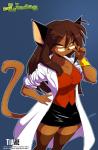 anthro bottomwear breasts brown_body brown_fur brown_hair clothed clothing coat eyewear female fur glasses hair lab_coat long_hair shirt skirt solo topwear yellow_eyes chalo las_lindas tiare_mehran domestic_cat felid feline felis mammal hi_res