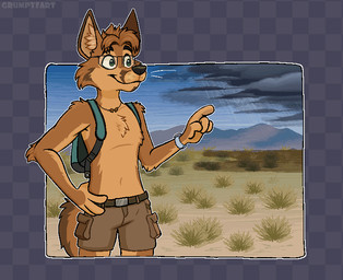 anthro backpack desert eyewear gesture glasses hand_gesture male pointing shirtless_male solo speech_bubble storm tail tail_motion tailwag wearing_glasses grumpyfart canid canine fox mammal animated