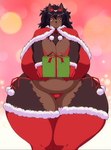 anthro belly big_breasts bikini black_hair black_nose box breasts brown_body brown_fur christmas_clothing clothing container curvy_figure eyebrows female fur gift_box gloves green_eyes hair handwear heterochromia holidays huge_breasts huge_thighs hyper hyper_thighs legwear navel offering_gift overweight overweight_female red_bikini red_clothing red_gloves red_handwear red_legwear red_ribbon red_swimwear smile solo standing swimwear thick_eyebrows thick_thighs two-piece_swimsuit venus_figure voluptuous wide_hips fenrir_brown christmas fenrie_(fenrir_brown) canid canine canis mammal wolf digital_media_(artwork) hi_res