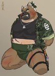 anthro asian_clothing belly blush brown_body brown_fur clothing east_asian_clothing eyebrows fur green_hair hair japanese_clothing kneeling male mawashi musclegut muscular scar solo thick_eyebrows thigh_belt natsuhakoura lifewonders tokyo_afterschool_summoners yasuyori_(tas) canid canine canis domestic_dog mammal hi_res