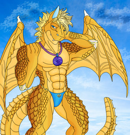 anthro blonde_hair blue_eyes clothing cloud hair jewelry long_ears long_hair male multicolored_body multicolored_scales muscular muscular_male necklace pose posing_for_picture scales sky solo tail thick_thighs two_tone_body two_tone_scales underwear wings kingmana mythology dragon mythological_creature mythological_scalie scalie absurd_res hi_res