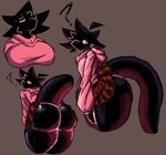 anthro bent_over big_breasts big_butt black_body black_eyes black_hair black_scales bodily_fluids bottomwear breasts butt clothed clothing grey_background hair huge_butt huge_thighs multiple_angles pattern_bottomwear pattern_clothing pattern_skirt pink_body pink_pupils pink_scales pink_sclera plaid plaid_bottomwear plaid_clothing plaid_skirt pupils rear_view red_body red_bottomwear red_clothing red_hair red_scales red_skirt scales side_view simple_background skirt solo sweat thick_thighs upskirt snazlazzle ika_(snazlazzle) scalie unknown_species 2025 hi_res nonbinary_(lore)