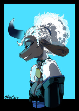 accessory anthro breasts cleavage clothed clothing collar female hair horn lock padlock padlocked_collar smile solo venisin bovid caprine demon mammal sheep succubus hi_res