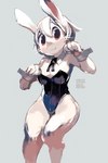 anthro breasts bunny_costume clothing costume cuff_(restraint) female grey_background hair leotard looking_at_viewer red_eyes restraints short_hair simple_background smile solo standing whiskers white_body white_hair wide_hips wrist_cuffs sakamoto_ahiru lagomorph leporid mammal rabbit 2016 hi_res