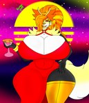 abstract_background anthro bangle beverage big_breasts breasts clothed clothing cocktail_glass container cup dress drinking_glass female glass glass_container glass_cup grin hair hand_on_hip huge_breasts jewelry legwear orange_hair red_clothing red_dress skimpy smile solo space star stockings sun synthwave teeth thick_thighs wide_hips kurisutaru_yuki game_freak nintendo outrun pokemon martina_(kurisutaru_yuki) canid canine delphox generation_6_pokemon mammal pokemon_(species) hi_res