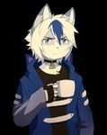 anthro clothed clothing container cup dipstick_ears ear_markings eyebrows fingers hair holding_object male mug multicolored_ears solo triforce white_hair coff nintendo shinji_holding_a_mug the_legend_of_zelda keita_elyssar_(keitacat) domestic_cat felid feline felis mammal hi_res