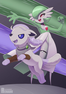 anthro evolutionary_stone feral gag open_mouth open_skirt pokeball scarf thigh_strap thunder_stone renabu nintendo pokemon pokemon_trainer alolan_form alolan_vulpix gardevoir generation_3_pokemon generation_7_pokemon pokemon_(species) regional_form_(pokemon) 2025 absurd_res hi_res