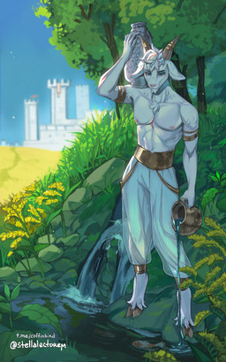 anthro belok(kowa) blue_eyes bottomwear castle chest_tuft clothed clothing creek detailed_background floppy_ears grass hair hooves horn jug male muscular nipples pants plant pottery ribbons rock scar sky slim solo topless topless_male tree tuft water white_body white_hair stellalectorem aquatic bovid caprine fish goat mammal absurd_res hi_res watermark