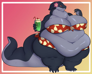 accessory anthro belly belly_overhang belly_rolls beverage big_belly big_breasts bikini breasts cankles chubby_cheeks claws cleavage clothed clothing fat_neck fat_rolls female flower flower_in_hair gradient_background hair hair_accessory holding_object huge_breasts huge_thighs love_handles morbidly_obese navel neck_rolls non-mammal_breasts obese obese_anthro obese_female overweight overweight_anthro overweight_female pattern_bikini pattern_clothing pattern_swimwear plant simple_background solo swimwear tail thick_calves thick_tail thick_thighs topwear two-piece_swimsuit wide_hips saintsucrose mythology dragon lizard mythological_creature mythological_scalie reptile scalie digital_media_(artwork)