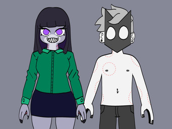 anthro bite_mark black_hair clothing duo female green_clothing grey_body grey_hair hair long_hair male male/female purple_eyes shark_teeth white_body reizo666 daniela_sanchez fan_character aquatic fish human mammal shark 4:3 hi_res trans_(lore) trans_woman_(lore)