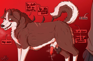 animal_genitalia animal_penis balls black_balls blush blush_lines bodily_fluids bulge canine_genitalia canine_penis detailed_bulge dialogue duo feral feral_temptation floppy_ears genital_fluids genital_outline genitals horn knot male male/male musk musky_balls musky_penis one_eye_closed penis raised_tail red_background red_eyes scar sheath sheath_outline side_view simple_background smile spikes tail talking_feral text vein veiny_knot veiny_penis wink winking_at_another parooty mythology roxel_(parooty) border_collie canid canid_demon canine canis collie demon domestic_dog hellhound herding_dog human mammal mythological_canine mythological_creature pastoral_dog sheepdog succubus english_text