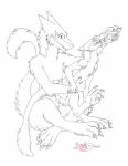 2014 drinking duo epicwang eye_contact flask forced fumei lag_(character) looking_at_another looking_back male male/male monochrome sergal shrinking size_difference size_transformation tail transformation