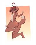 ahoge anthro arm_tuft blush breasts brown_body brown_fur brown_hair butt female fur genitals green_eyes hair jumping looking_at_viewer looking_back multicolored_body multicolored_fur nipples nude open_mouth pussy short_hair shoulder_tuft simple_background slim small_breasts solo tan_body tan_fur tuft two_tone_body two_tone_fur caleana kess_(coffeechicken) canid canine canis domestic_dog mammal portrait