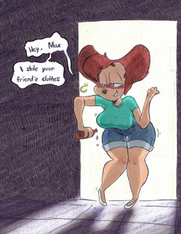 alcohol anthro beverage bottomwear brown_hair clothing drunk female hair mature_anthro mature_female shorts solo substance_intoxication text thick_thighs wide_hips unknown_artist disney goof_troop peg_pete canid canine mammal english_text